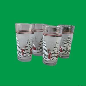 4 Vtg Christmas Frosted Glass Tumblers Snow Trees Red House 6” KIG Indonesia